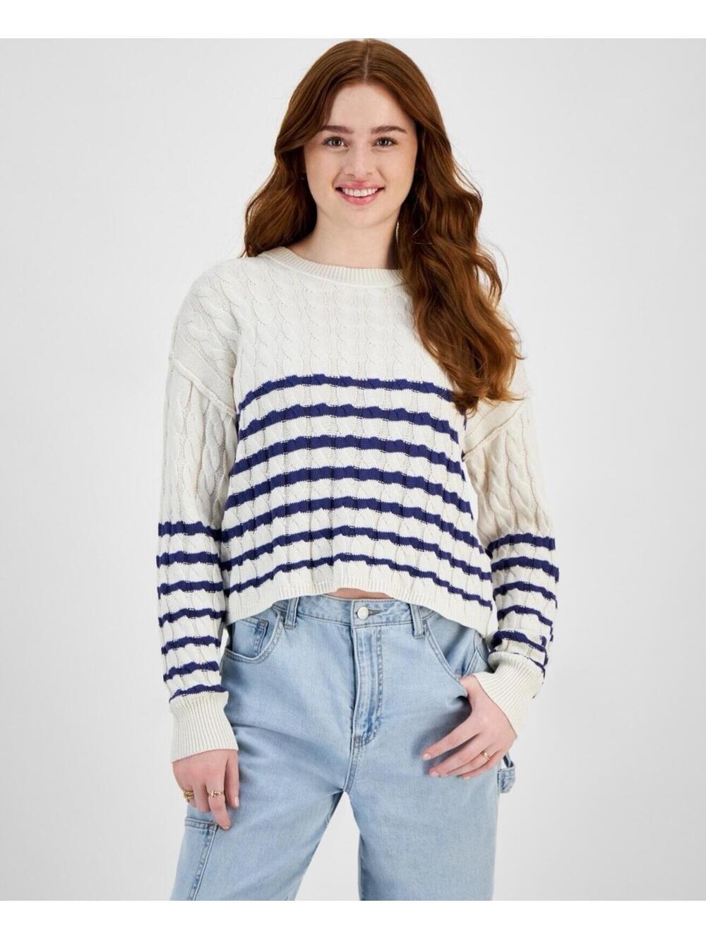 $40 Hooked up by Iot Juniors' Striped Cable-Knit Sweater - White Navy